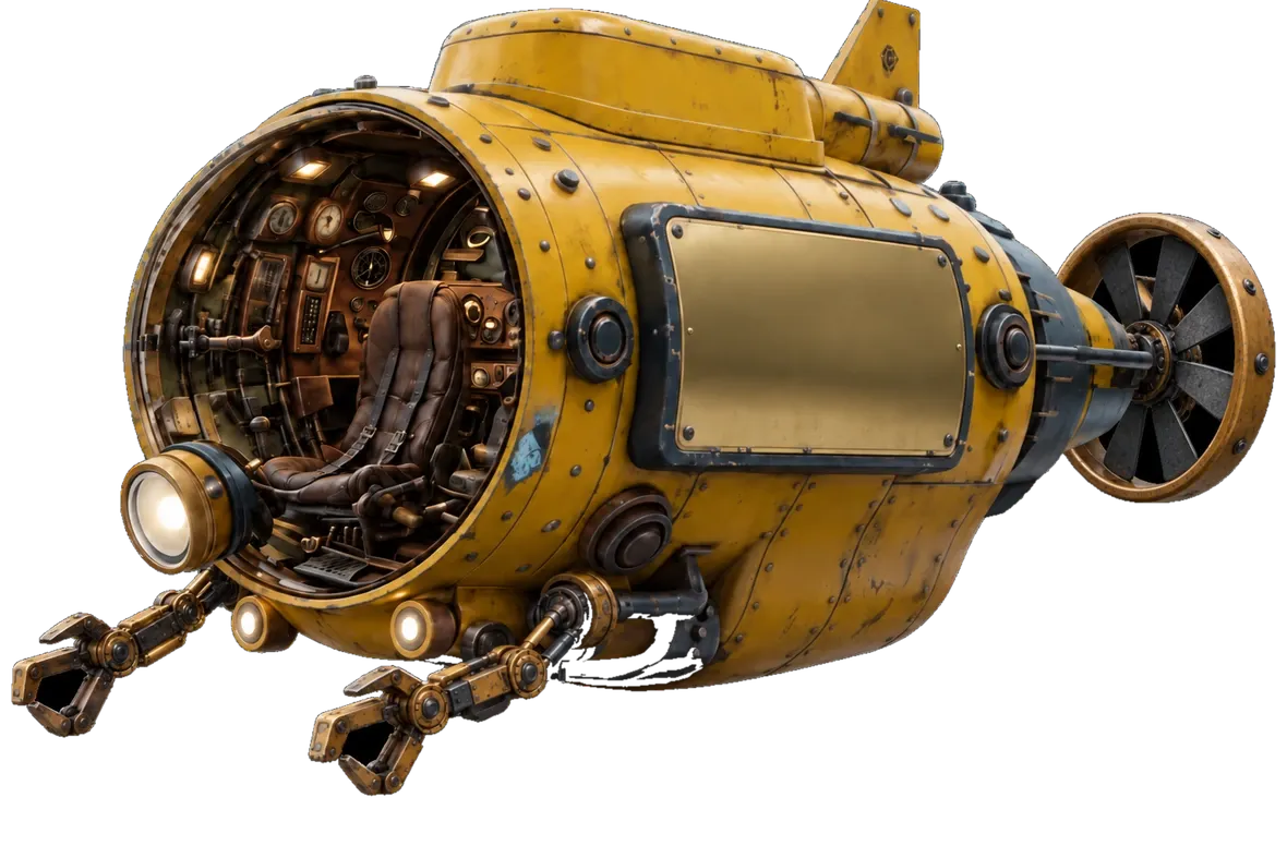 The yellow SonarX bathyscaphe with its lamp and manipulator arms