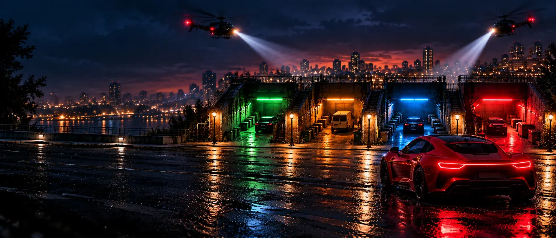 A red sports car waits on a wet street at night in front of four lit alleys while two police helicopters sweep the city