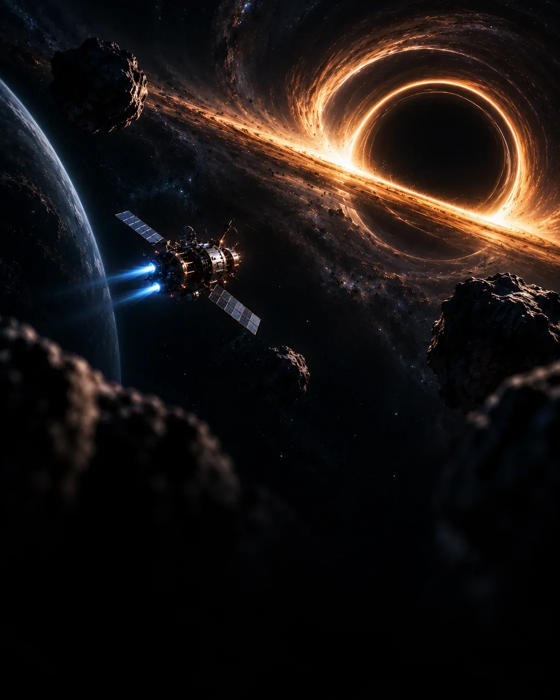 A probe with blue ion engines flies through an asteroid field towards a black hole ringed by an orange accretion disk
