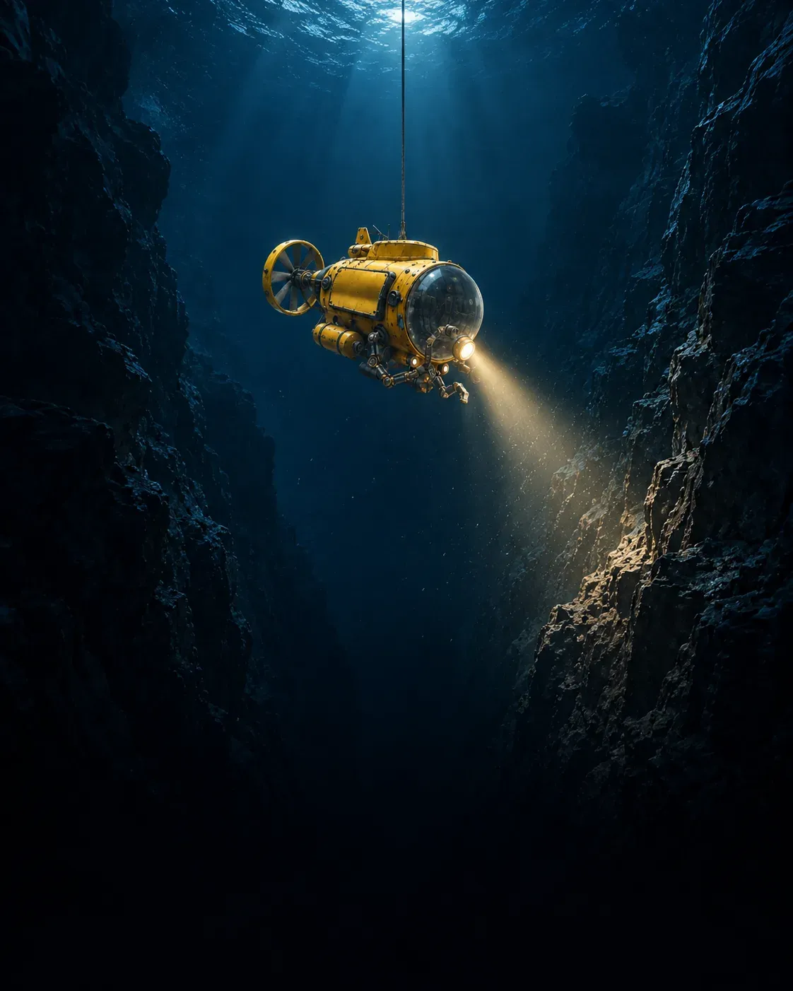 The yellow SonarX bathyscaphe on its tether lights a narrow trench wall as it descends