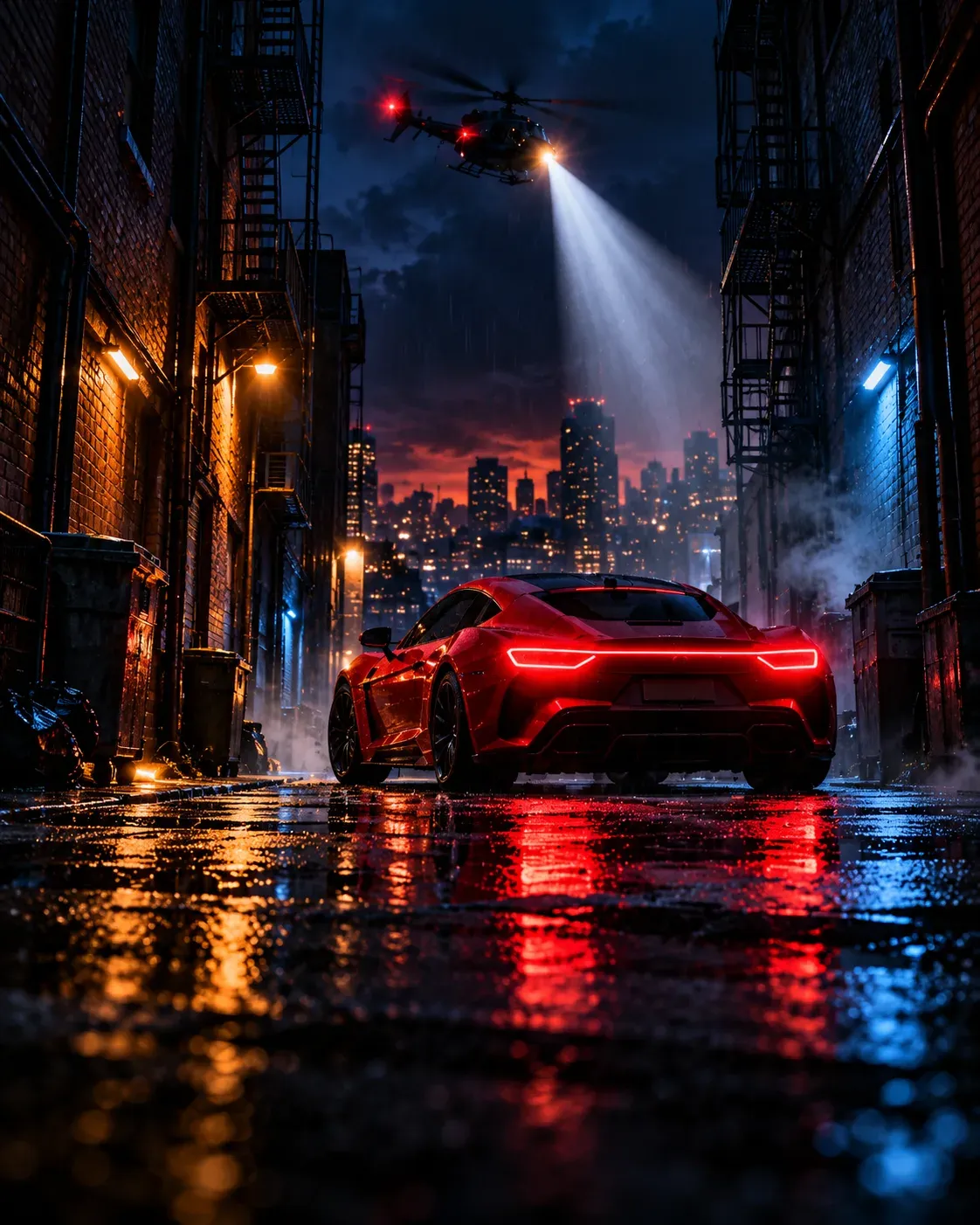 A red sports car waits in a wet alley at night while a police helicopter searchlight cuts through the rain